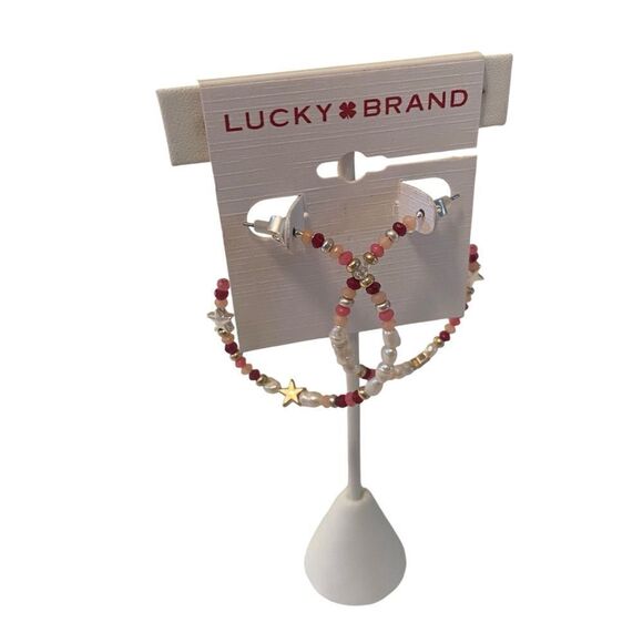 Beaded C Hoop Lightweight Earrings w/ Small Silver & Goldtone Stars. - Picture 2 of 6